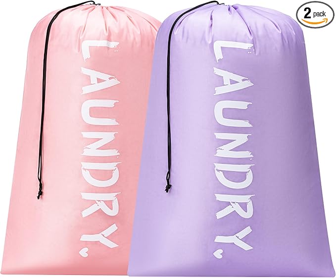 2 Pack XL Travel Laundry Bag, Machine Washable Dirty Clothes Organizer with Drawstring,Large Enough to Hold 4 Loads of Laundry, Easy Fit a Laundry Hamper or Basket Travel Essentials 24" x 36"