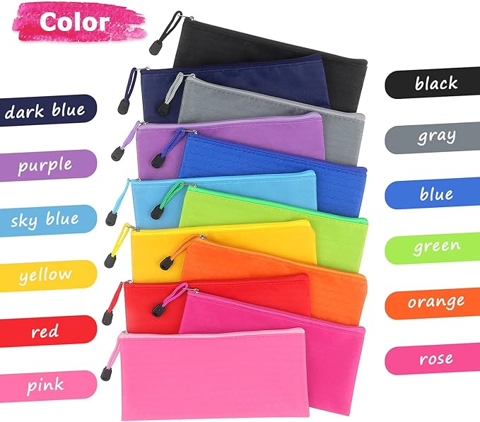 Tamaki 12 Pack Zipper Pouch, Bulk Waterproof Pouch Cases, Multi-Purpose Organizer Bags for Office Supplies, Travel Accessories