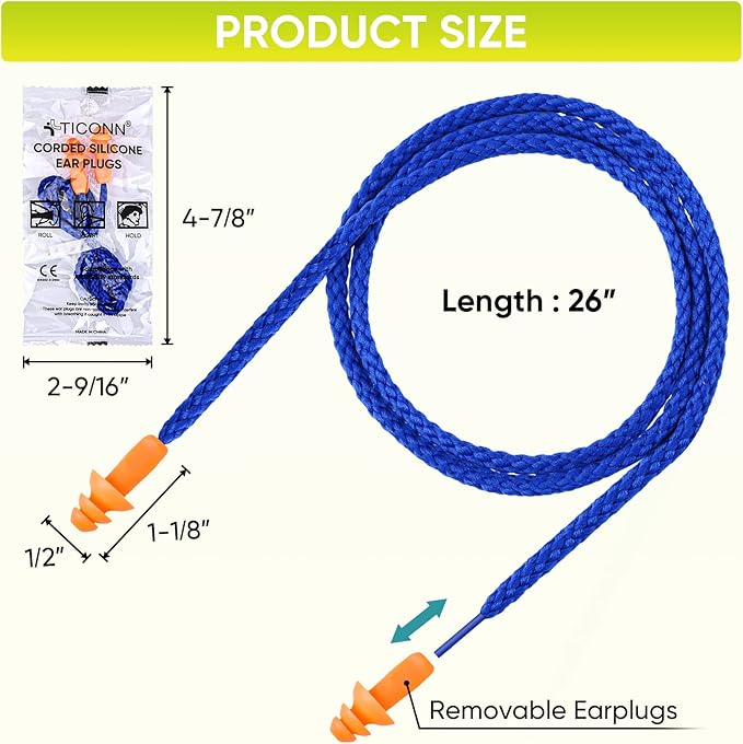 TICONN 48 Pairs Reusable Silicone Ear Plugs for Sleeping Noise Cancelling, Individually Wrapped 25dB NRR Corded Earplugs for Study Concentration Travel (48 Pairs)