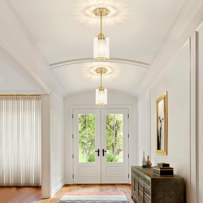Brushed Brass Crystal Pendant Lights for Kitchen Island 1 Pack | Modern Hanging Kitchen Light Fixtures, Adjustable Pendant Lighting for Dining Room Bathroom Over Island Table Sink