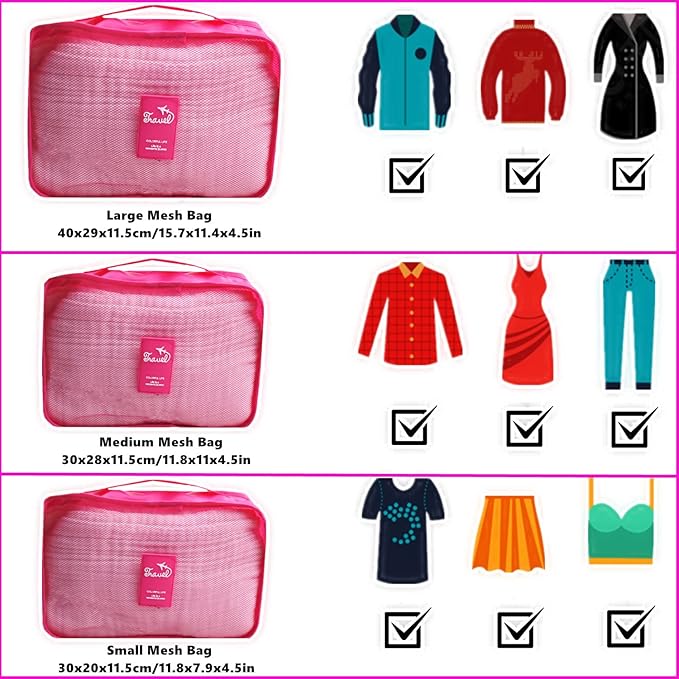 6 Set Packing Cubes Laundry Pouch, Travel Storage Bag Organizer Pouch, Luggage Packing Organizer Bags, Compression Bags for Backpack Suitcases (Hot Pink)