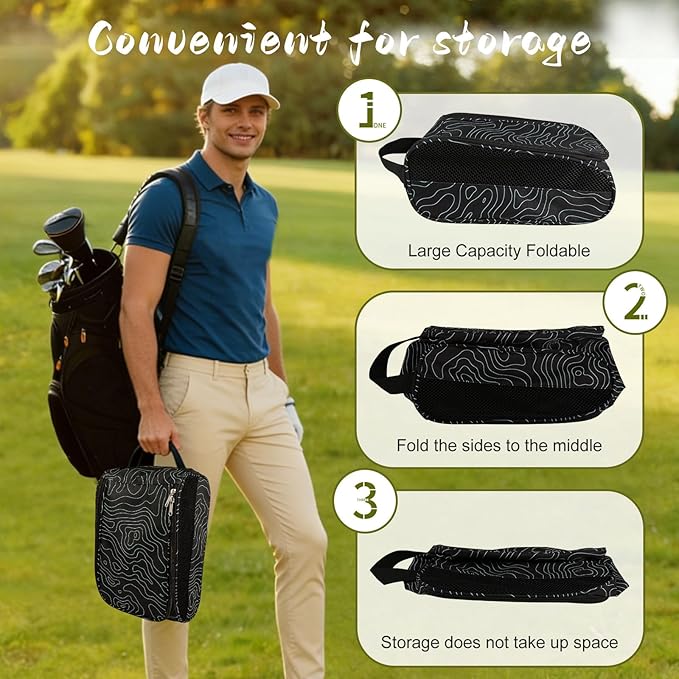 Golf Shoe Bag, Outdoor Zipper Sports Shoe Strap Bag with Air Mesh Ventilation, Durable Waterproof Golf Shoe Carry Bags with Sturdy Handle for Gym, Soccer, Running & Suitcase Packing (Line Texture)
