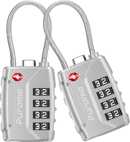 Puroma 2 Pack TSA Approved Luggage Lock, 4 Digit Combination Travel Cable Locks Resettable Code Lock with Zinc Alloy Body for Suitcase, Toolbox, Backpack, Bag, Gym Locker (Silver)