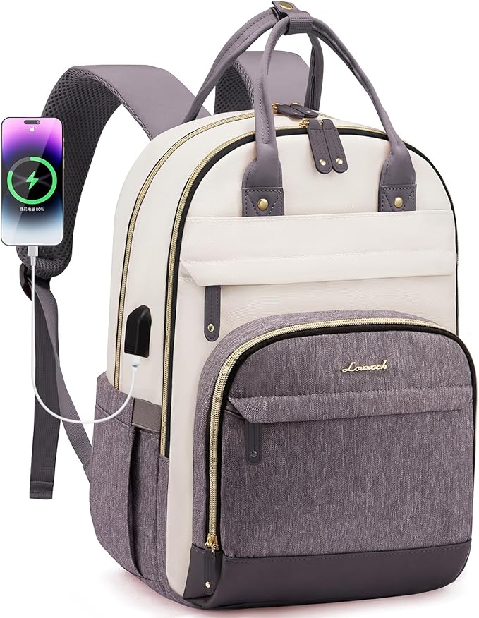 LOVEVOOK Backpack for Women,Laptop Backpack Women,Fits 17 Inch Laptop Bag,School Backpacks,Fashion Travel Work Anti-theft Bag,Waterproof Business Computer College Backpack Purse,Beige-Grey