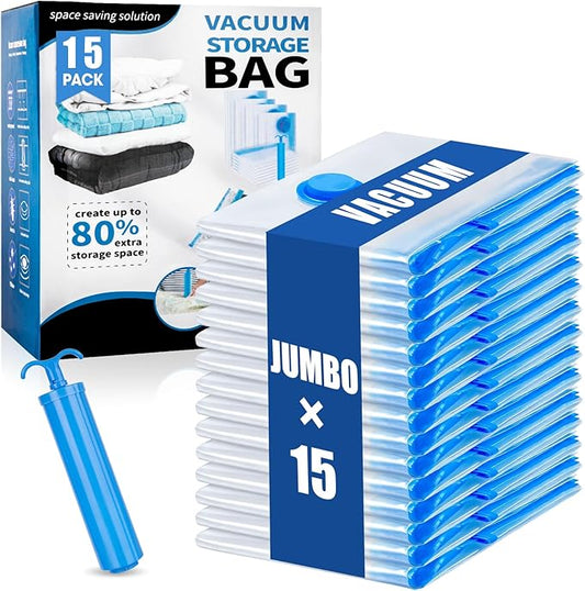 15 Jumbo Vacuum Storage Bags, Vacuum Seal Bags for Clothing Space Saver Compression Storage Bag with Hand Pump Extra Large for Clothing Travel Comforters Blankets Pillow Bedding Duvets Clothes