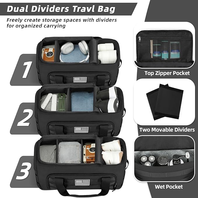 ZOMFELT Tactical Gym Bags for Men, Travel Duffle Bag with Removable Dividers & Innovative Shoe Compartment, 3-in-1 Waterproof MOLLE Gym Duffel Backpack, Airplane Carry-On Approved, Black
