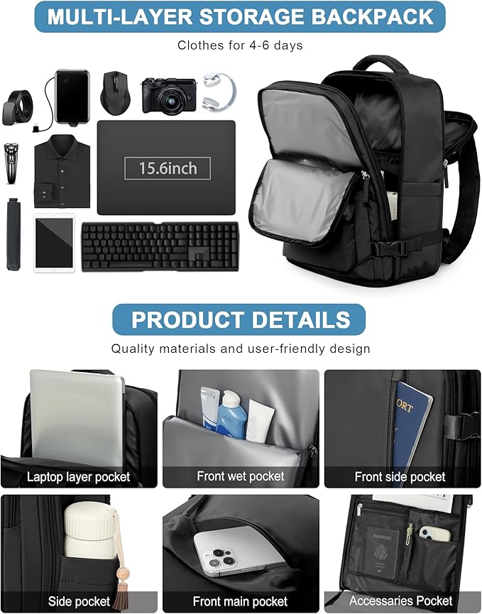 VGCUB Carry on Travel Backpack for Women Men Large Laptop Gym Work Frontier Airlines Personal Item Bag Business Airport Lightweight Backpack Flight Approved Mochilas de Viaje Black