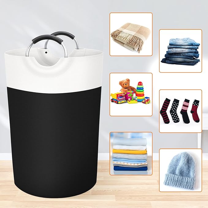BlissTotes 75L Laundry Basket, Freestanding Laundry Hamper, Collapsible Dirty Clothes Hamper, Waterproof Fabric with Foam Protected Aluminum Handles for College, Dorm, Family (Black)