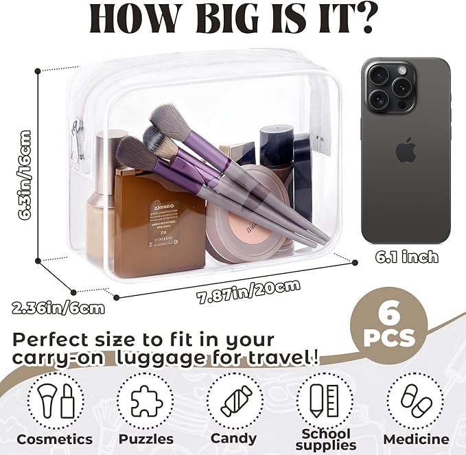 6 Pieces Clear Makeup Bags Bulk TSA Approved Toiletry Bag for Travel PVC Waterproof Clear Cosmetic Pouch with Zipper for Men and Women Carry-on Travel Essentials (White)