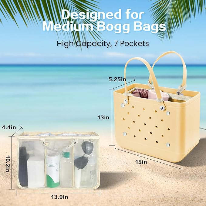 XYFuuee Beach Bag Organizer Inserts for Baby Medium Bogg Bag Accessories with 8 Removable Metal Fasteners, Lightweight Mesh Insert Divider Pouch, Organizing Rubber Tote, Save Storage Space, Khaki M