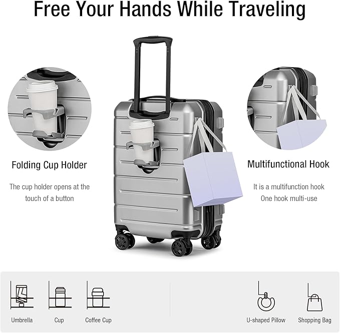 KYME Carry On Luggage 22x14x9 Airline Approved Hardshell 20 Inch with TSA Lock Carry On Suitcase with Wheels Small Travel Rolling Luggage with Cup Holder for Women Men Silver