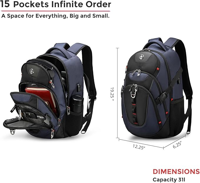 Swissdigital Design Laptop Backpack with USB Charging Port, Travel Backpack Fits 15.6 inches Computer, 31L College School Backpack for Men, Blue/Black | SD803-12 | Water Repellent