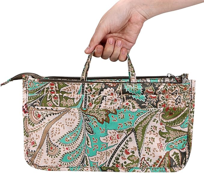 BTSKY New Printing Handbag Organizers Inside Purse Insert-High Capacity 13 Pockets Bag Tote Organizer with Handle Peacock Flower