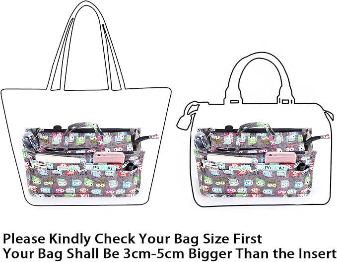 BTSKY Printing Handbag Organizers Inside Purse Insert - High Capacity 13 Pockets Bag Tote Organizer with Handle (Owl)