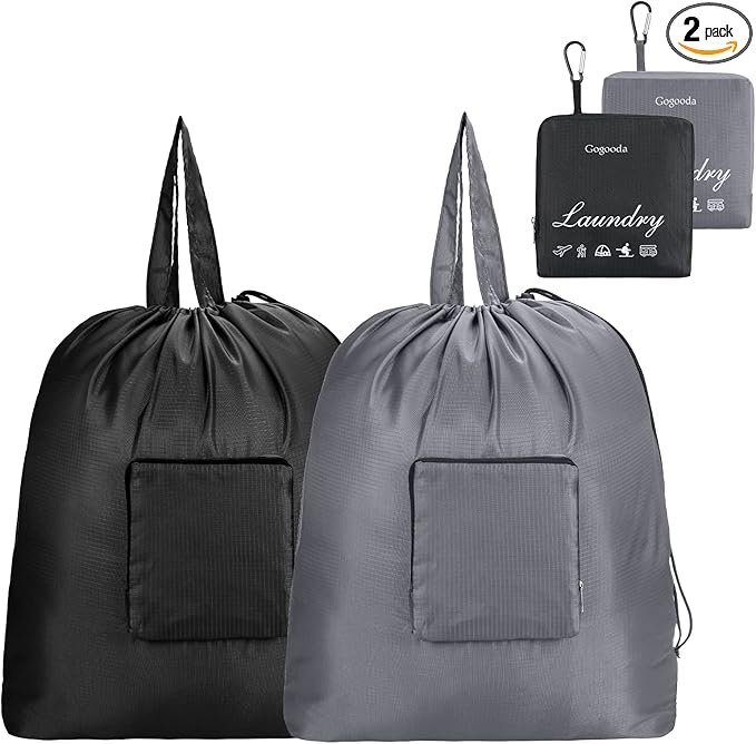 GOGOODA Travel Laundry Bags with Drawstring Closure XL Large Foldable Dirty Clothes bags with Handle Heavy Duty and Washable for College Dorm Travelling Camping, 2 Pack, Black & Grey