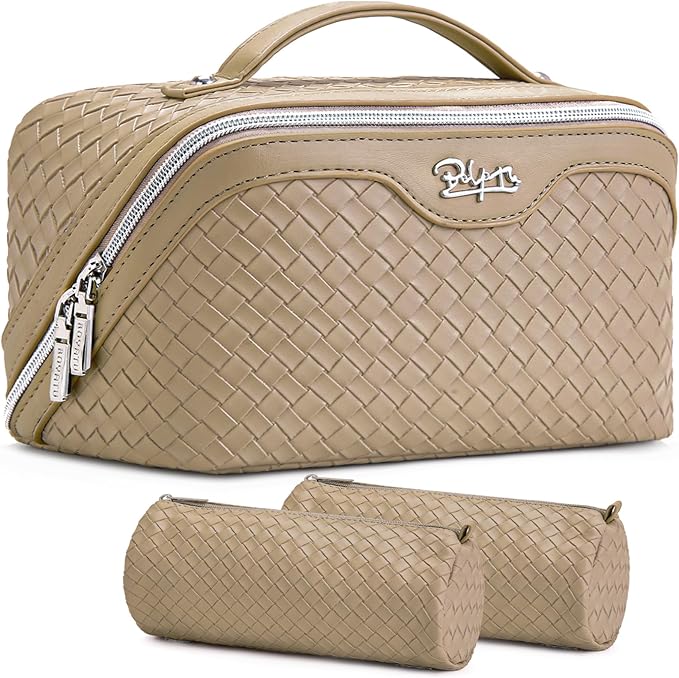 BOYATU Travel Makeup Bag Cosmetic Bags for Women: Large Capacity 3 Pcs Set Make up Bag with Compartments - Waterproof Vegan Leather Toiletry Organizer Bags with Handle (L12 Apricot)