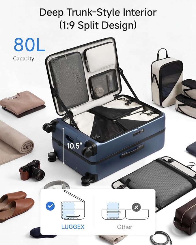 LUGGEX Top Opening Checked Luggage 26 Inch, FLA Aluminum Frame Trunk Style Luggage, Polycarbonate Hard Shell Suitcase (FX-Enhance, Blue, 80L)