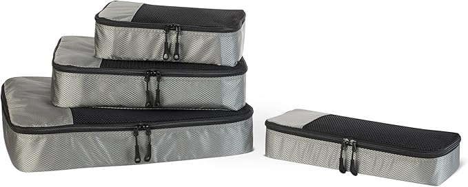 Amazon Essentials 4-Piece Packing Cubes Travel Accessories Set, Space-Saving Luggage Organizer with Double Zipper, Mesh Top Panel, Small/Medium/Large/Slim, Gray (Previously Amazon Basics)