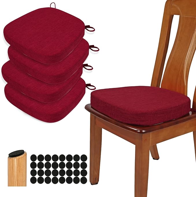 BUYUE Thickened 2.5" Dining Chair Cushions Set of 4, U-Shape High Density Foam Comfortable Chair Pads for Kitchen, Slip Resistant Indoor Seat Cushions (4 PCS, Red)