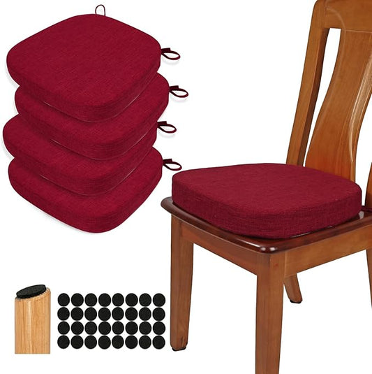 BUYUE Thickened 2.5" Dining Chair Cushions Set of 4, U-Shape High Density Foam Comfortable Chair Pads for Kitchen, Slip Resistant Indoor Seat Cushions (4 PCS, Red)