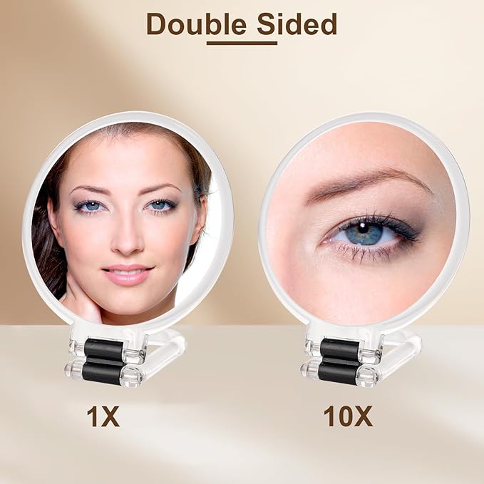 BOOMIBOO 1X/10X Magnifying Handheld Mirror Double Sided, Foldable Travel Makeup Mirror, Adjustable Rotation Pedestal Hand/Hanging/Desk Vanity Mirror-Clear