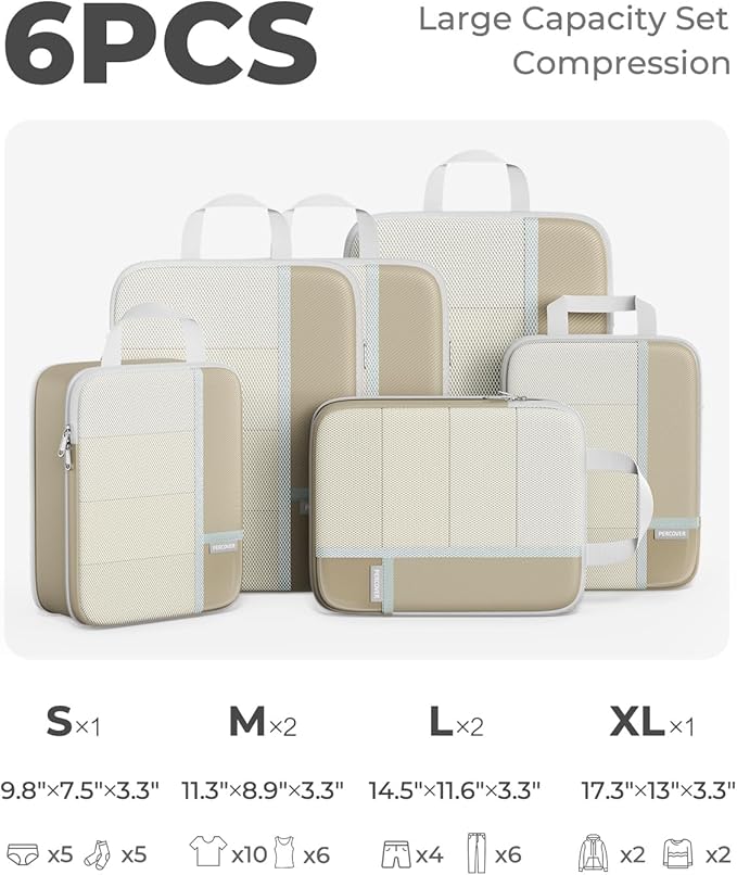 Percover Compression Packing Cubes 6-Piece Set, Packing Cubes Compression for Travel with Multi-Size Organization, Travel Organizer for Carry On & Checked Luggage, Camel