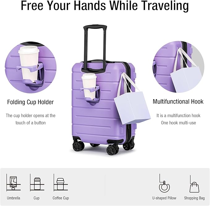 KYME Carry On Luggage 22x14x9 Airline Approved with TSA Lock Hardshell Expandable 20 Inch Suitcase Carry On Suitcase with Wheels Small Travel Rolling Luggage with Cup Holder for Women Lt Purple
