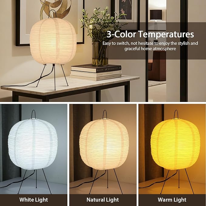 Rice Paper Lamp, Japanese Lantern Lamp for Wabi-Sabi Decor | 3 Color Temperature Bulb Included, Noguchi Paper Table Lamp for Bedroom, Living Room and Beisde, Cozy Ambiance