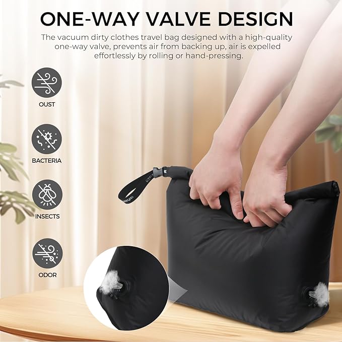 Travel Compression Laundry Bag, Pump-Free Vacuum Space Saver Bag for Dirty Clothes, Reusable Waterproof Wet Dry Bag, Travel Laundry Bag for Luggage, Packing, Suitcase (1 Pcs)（Black, L)
