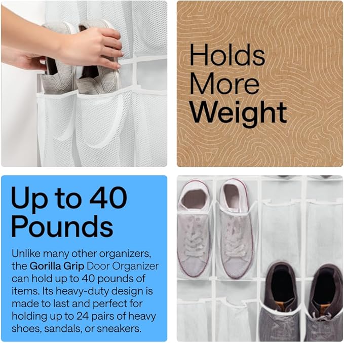 GORILLA GRIP Over the Door Shoe Organizer, 24 Extra Large Breathable Mesh Pockets, Space Saving Hanging Storage Holder, 4 Hook Closet Rack Hanger, Hangs on Closets for Shoes and Accessories, White