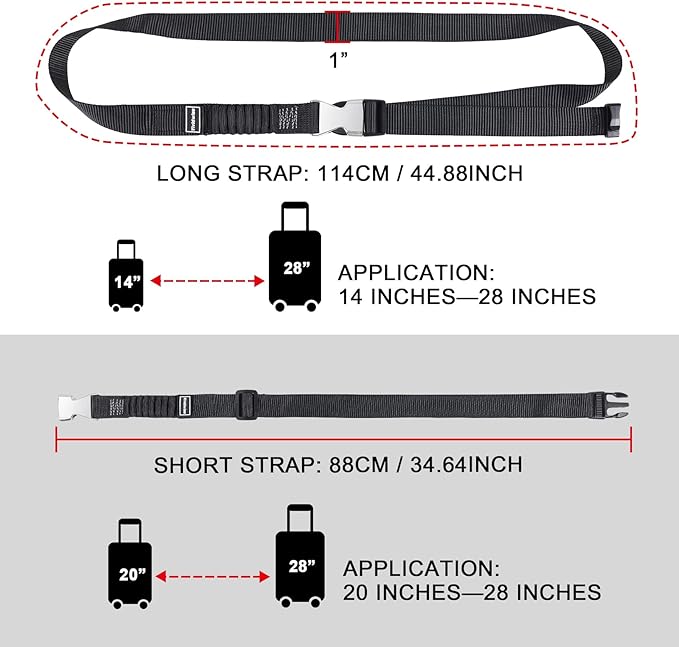 Luggage Straps, Stretchable Luggage Connector Straps for Suitcases, Metal Buckle Add A Bag Adjustable Attachment Accessories Belts (Black-Metal Buckle, 1" W)