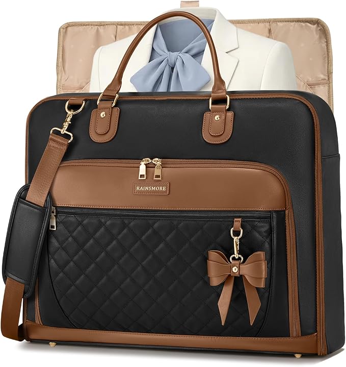 RAINSMORE Garment Bag for Travel Womens Hanging Suit & Dress Travel Bag Foldable Garment Duffle with Pockets & Strap, Carry On Compatible