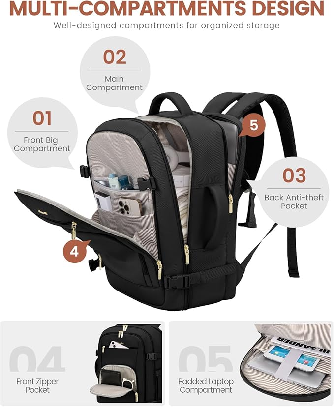 LOVEVOOK Travel Backpack for Women, 50L Carry On Backpack Flight Approved with Garment Bag, TSA Personal Item Travel Bag Fit 17 Inch Laptop, Business Weekender Waterproof Daypack With 2 Cubes, Black