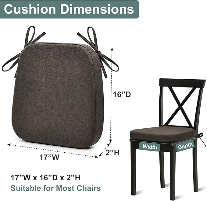 Shinnwa Seat Cushions for Dining Room Chairs 6 Pack, Patented Design Memory Foam Dining Chair Pads with Ties and Washable Cover, Set of 6, 17" x 16" x 2", Dark Brown