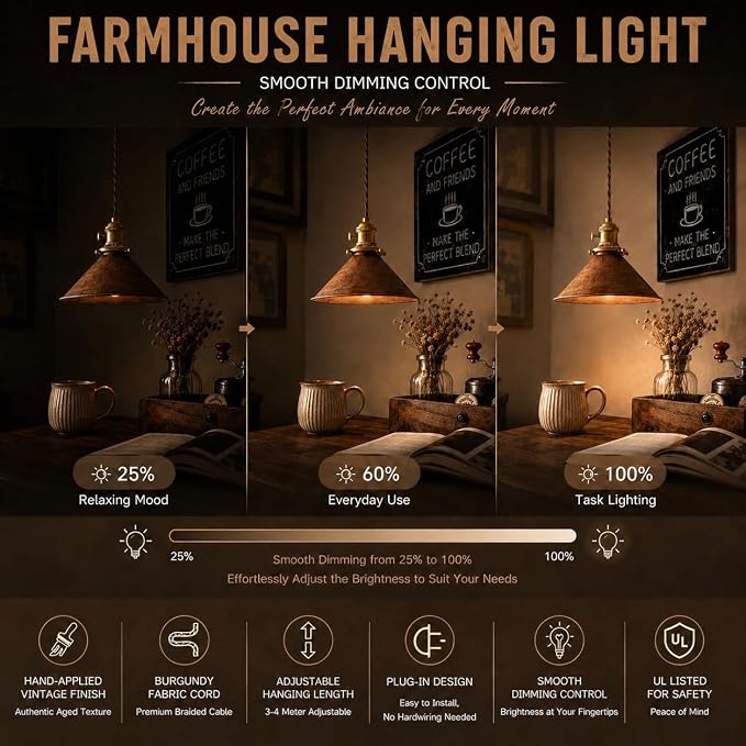 Hanging Light Plug in,Vintage Hanging Lamp Plug in with Rusted Copper 8.2 Inch Shade and Adjustable 13Ft Cord Antique Farmhouse Pendant Light Kitchen Island Bedroom and Sofa