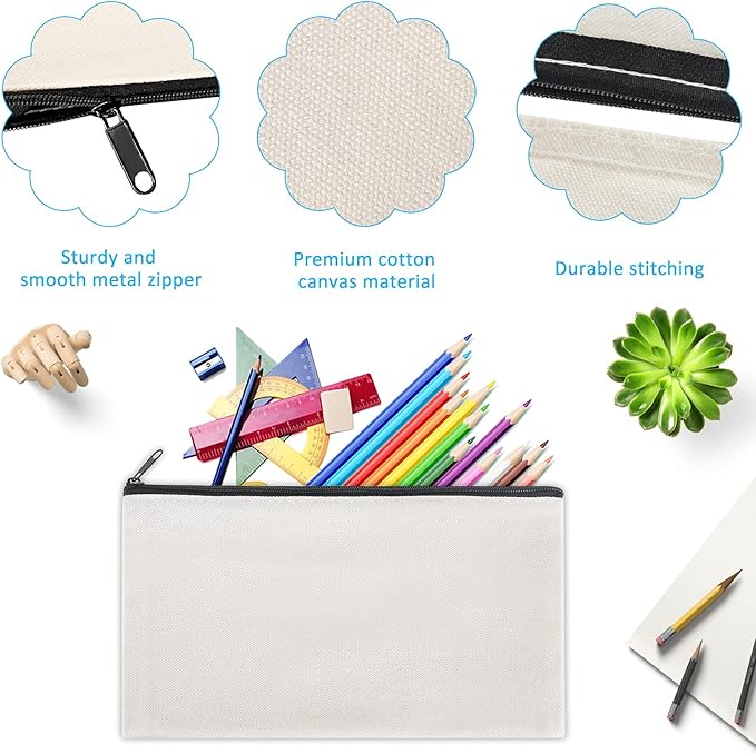 12 Pieces Black Cotton Canvas Makeup Bag, Multipurpose Cosmetic Bag with Zipper Travel Toiletry Pouch, Blank DIY Craft Bag (Black, S)