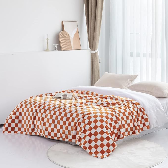 LOMAO Throw Blankets Flannel Blanket with Checkerboard Grid Pattern Soft Throw Blanket for Couch, Bed, Sofa Luxurious Warm and Cozy for All Seasons (Orange, 90"x90")