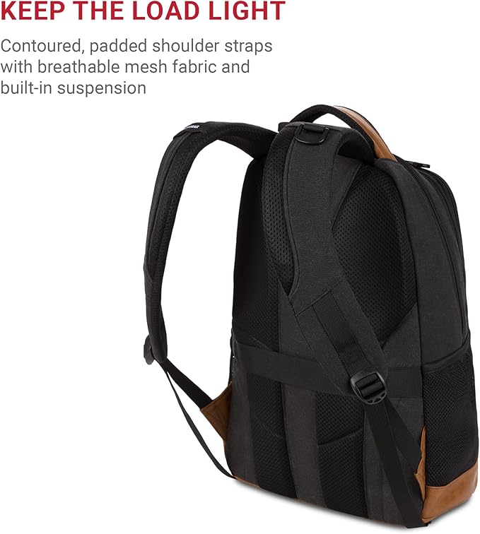 SWISSGEAR Cecil 18-Inch Laptop Backpack Fits 16-Inch Laptop, Travel Daypack with Organizer Pockets, Water Bottle Holders & Padded Straps – Black Canvas/Brown