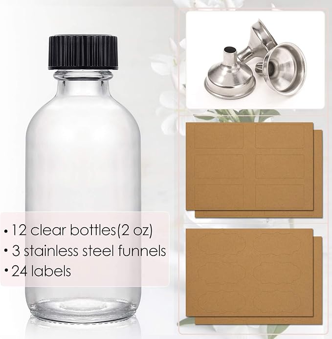 AOZITA 12 Pack, 2 oz Small Clear Glass Bottles w/Lid & 3 Funnels - 60ml Boston Shot Bottles for Health, Immunity, Potion, Wellness, Sample, Ginger, Juice - Mini Personal Care & Beauty Travel Bottle