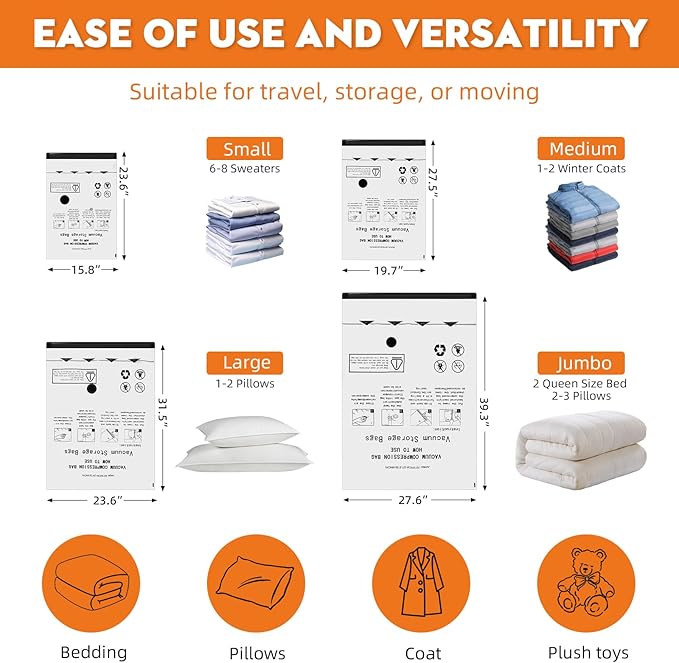 TOLDATE 12 Pack Travel Vacuum Bags - Compression Bags for Travel with 4 Different Sizes(2J/2L/4M/4S)，Vacuum Travel Bags with Rechargeable Pump for Luggage and Home Organization