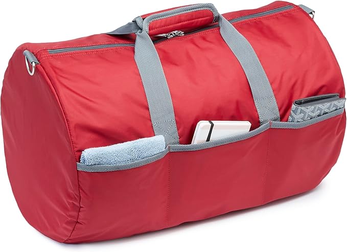 Amazon Essentials Lightweight Nylon Duffel Bag with Zippered Pockets, 20-inch, 30 lb Capacity, Red (Previously Amazon Basics)
