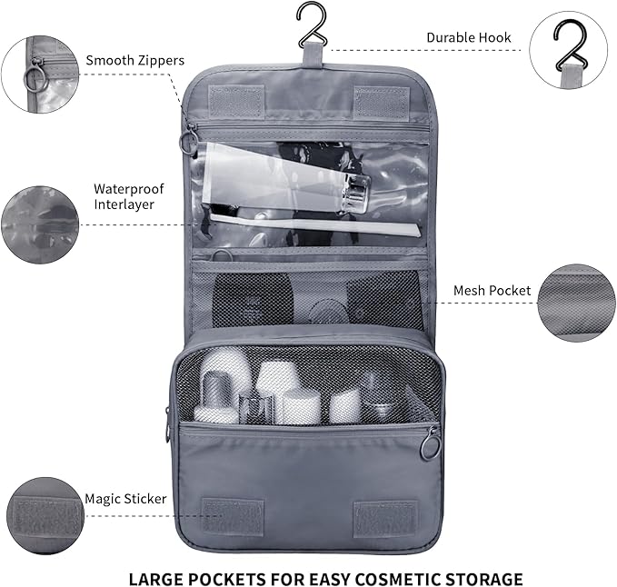 Large Capacity Toiletry Bag Travel Bag with Hanging Hook for Men and Women Waterproof Travel Cosmetic Bag Bathroom Storage Bag for Brushes Set,Mens Bathroom Bag Accessories-Grey