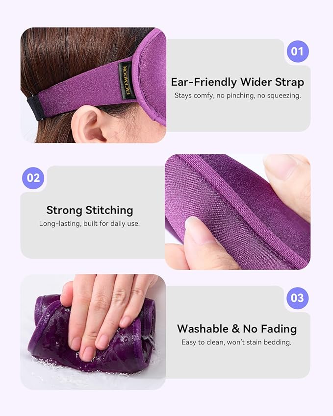 Weighted Blackout Sleep Mask for Women, 3D Contoured Zero Eye Pressure, Lash-Friendly Deep Eye Cups, Adjustable Slide Buckle Strap, Self-Care & Relaxation Gift for Her (Purple)