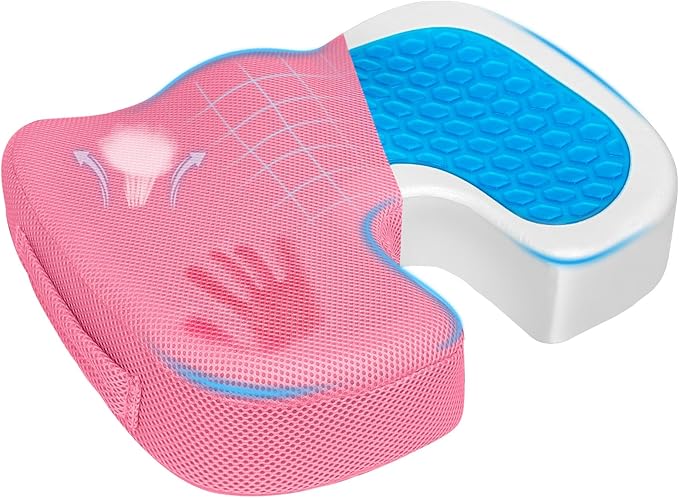 Season Guard Tailbone Pain Relief Office Chair Seat Cushion, Memory Foam Gel Seat Cushion for Sciatica Pain Relief with Washable Cover, Butt Cushion for Long Sitting, Mesh, Pink