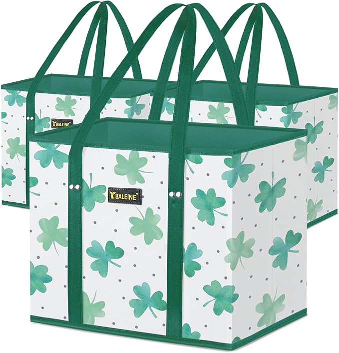 BALEINE 3Pk Reusable Grocery Bags, Foldable Shopping Bags for Groceries with Reinforced Bottom & Handles (Clover)