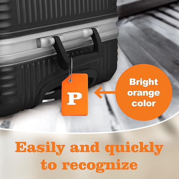 Gostwo 2 Pack Silicone Luggage Tags for Suitcases, 26 Initial Letter Baggage Labels Handbag School Bag Suitcase Instrument Tag with Stainless Steel Loop(Orange)(Letter P)