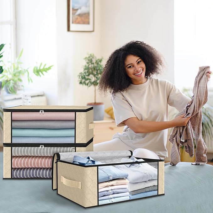 HomeHacks Storage 10-Pack Clothes Organizer Storage Bags Foldable Storage Box with Large Clear Window Sturdy Handles for Closet, Dorm, Pillows, Bedding, Clothes, Blankets, 35L, Beige