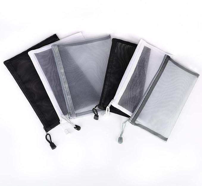 12 Pieces Zipper Nylon Mesh Pouch, Mesh Cosmetic Bags Makeup Bags Pencil Case, Multipurpose Travel Bags for Cosmetic School Office Supplies and Travel Accessories (Black,White,Grey, A5+B6)