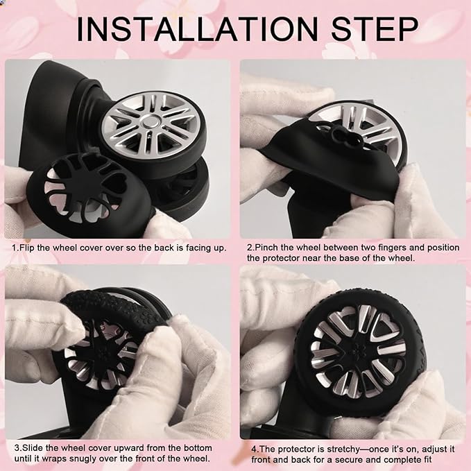 Luggage Wheel Protector, 8PCS Sakura Love Design - Premium Silicone Protectors for 2-2.4" Spinner Wheels Anti-Slip, Ultra-Quiet & Wear-Resistant Travel Accessories (Black)