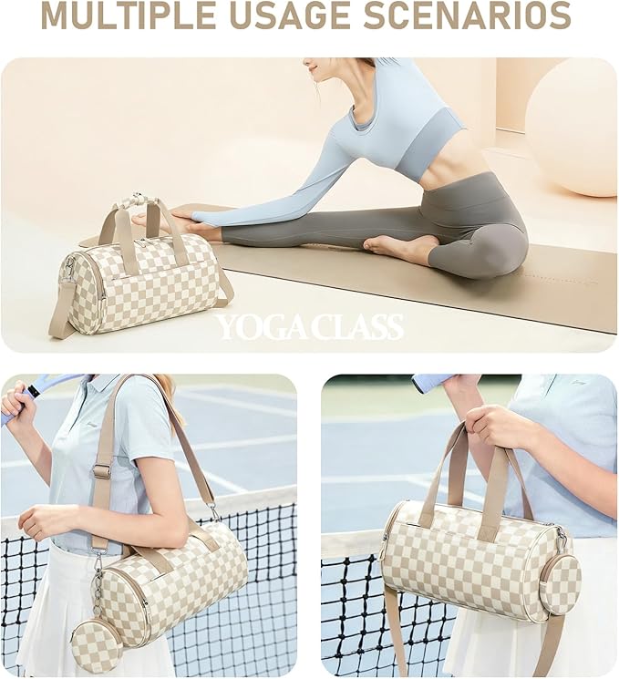 Mini Gym Bag for Women Girls Cute Small Duffle Bag 12'' with Multifunctional Pockets Workout Sport Bags Dance,Fitness,Yoga (Brown-white checkered)